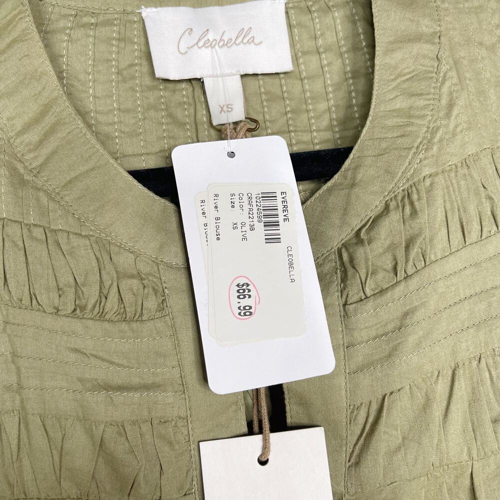 New Evereve Cleobella XS Olive Green River Blouse Puff Sleeve Button Front VNeck - Picture 9 of 14